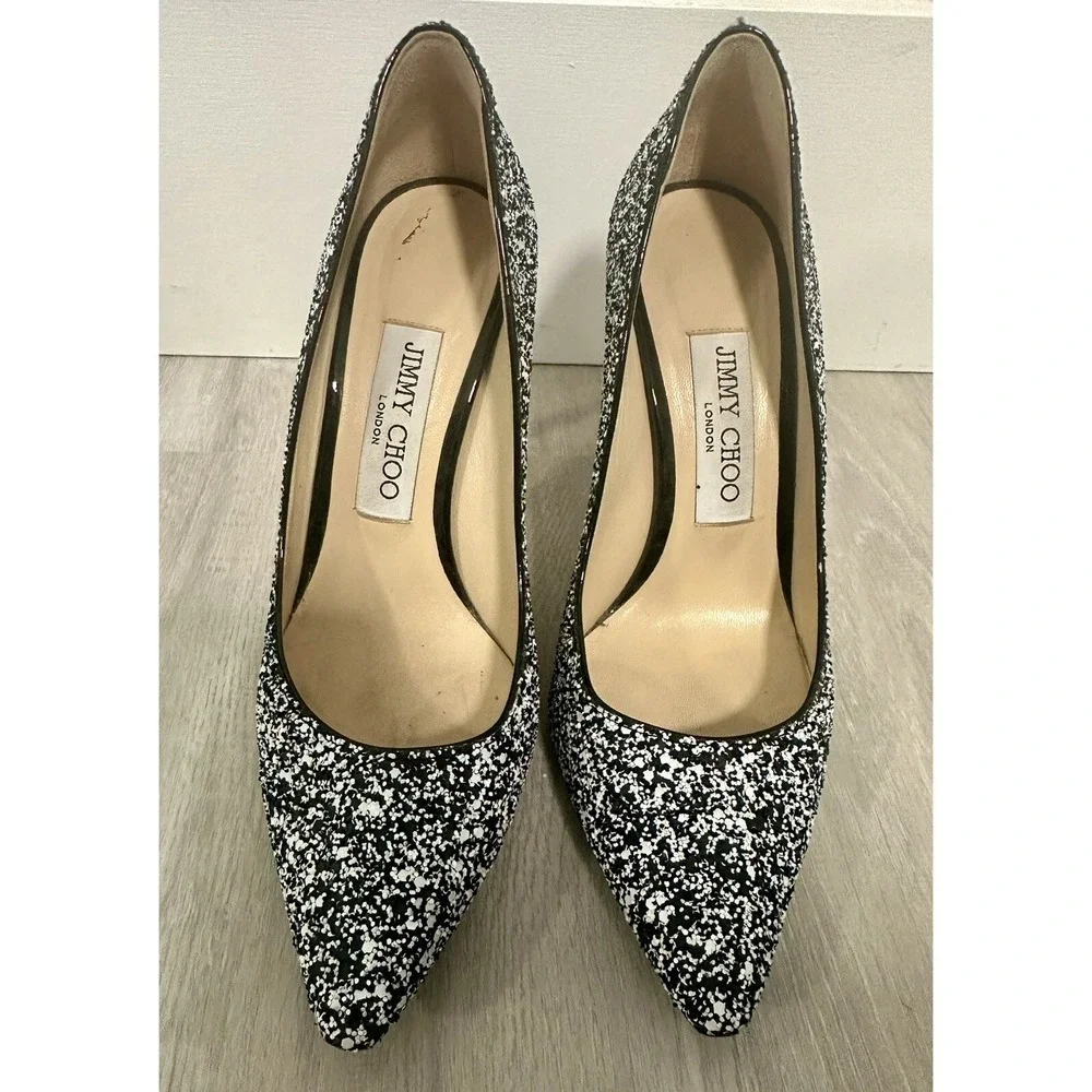 Jimmy Choo Glitter Pointed Toe Stiletto Heels Black White Size 36- us 5.5